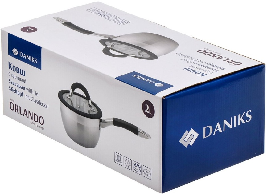 Ковш Daniks Орландо GS-01435-16S нерж крышка стекло силикон ручка 2 л индукц фото 12